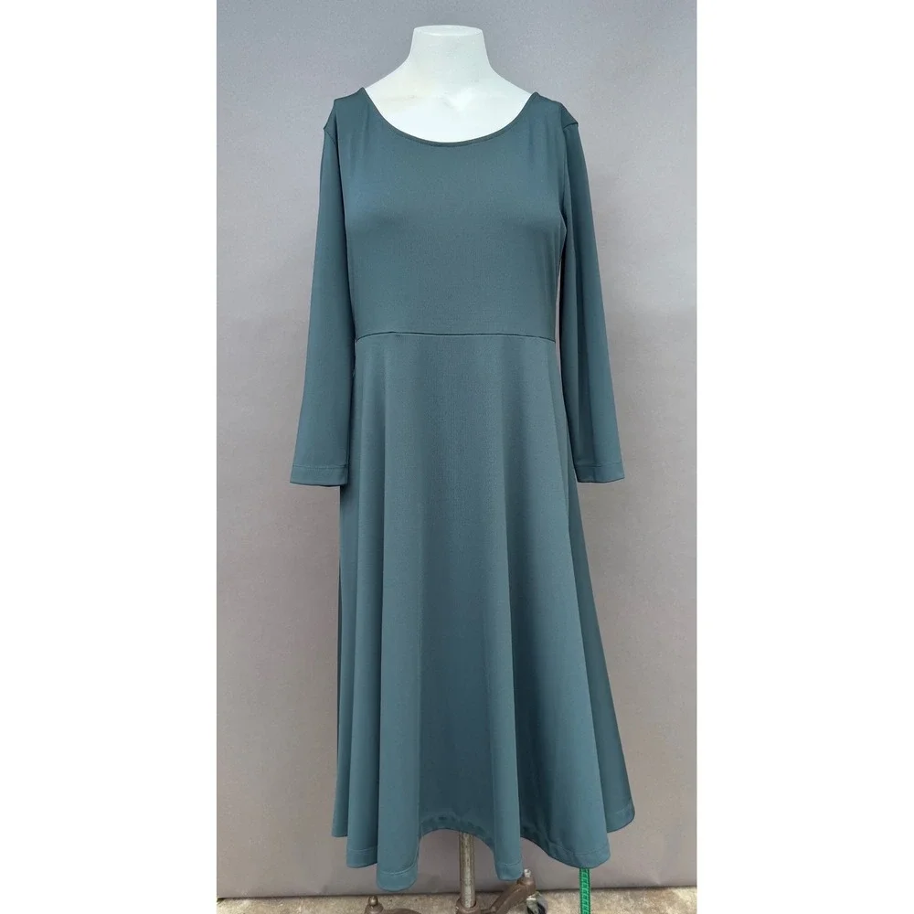 Lands End Dress Medium 10-12 Teal Green Long Sleeve Fit Flare Midi Dress